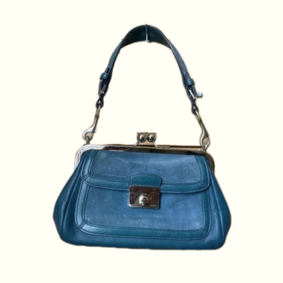 Coach Y2K Vintage Satchel Bag Blue Leather Suede Kiss Lock RARE Limited Edition - Picture 1 of 17